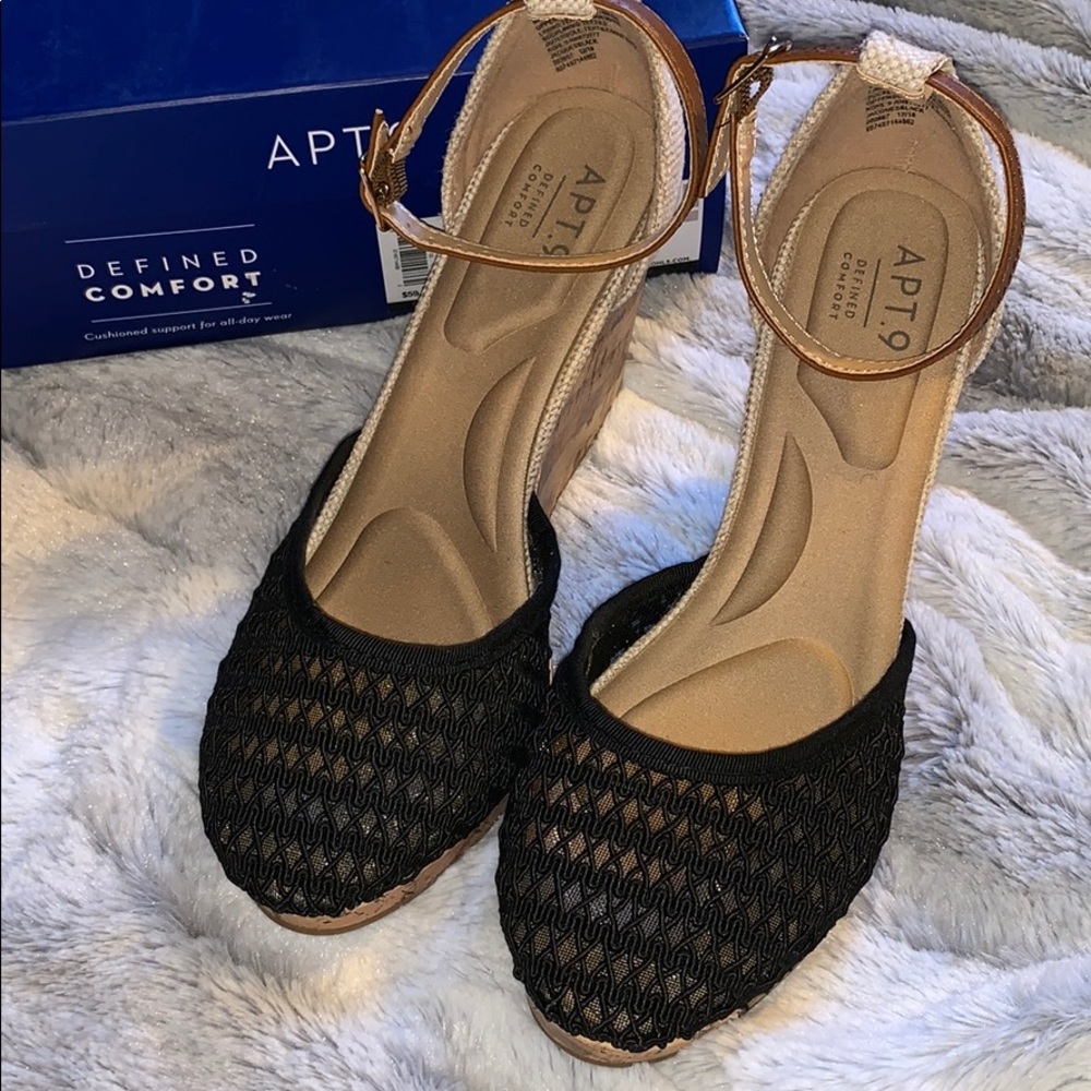 Black & Tan Wedges Espadrilles Lace Memory Foam - Picture 6 of 8